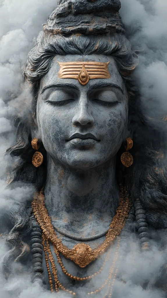 A close-up of a stone sculpture of Shiva, a Hindu deity. He is depicted with long hair, a third eye, and a serene expression.  The sculpture is adorned with gold jewelry, including a necklace, earrings, and a forehead ornament. The image is partially obscured by smoke, adding to the mystical and atmospheric quality.