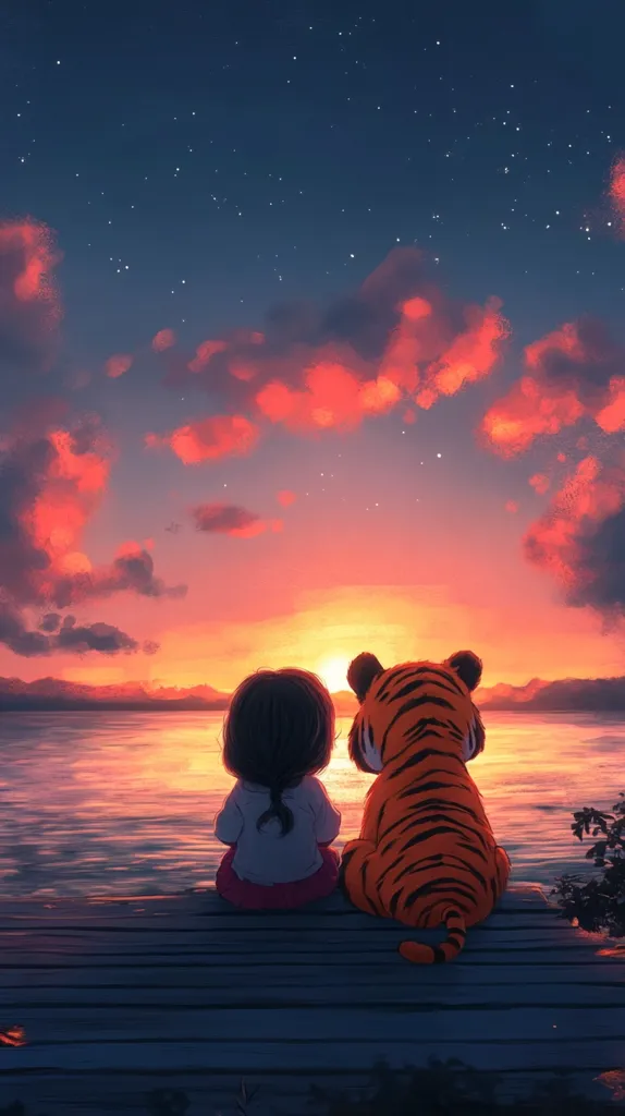 A young girl sits on a wooden pier next to a tiger.  The two are watching a beautiful sunset over the water.  The sky is full of pink and orange clouds with a few stars visible.  The girl has long black hair and is wearing a white sweater and pink pants.  The tiger is orange and black and has a white face.  The scene is peaceful and heartwarming.