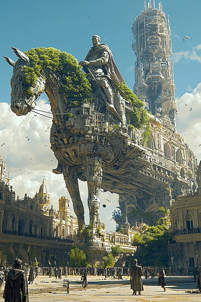 A colossal, mechanical horse stands in the middle of a city, its body covered in foliage and buildings. A knight, riding the horse, looks out over the bustling city below. The city is a mix of organic and mechanical structures, with lush gardens and towering buildings. The scene is both beautiful and awe-inspiring.