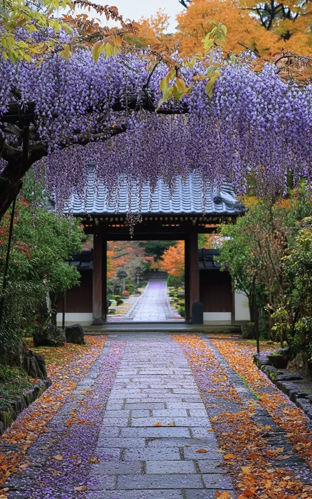 A stone path lined with fallen leaves leads to a traditional Japanese gate covered in purple wisteria blossoms. The path is framed by lush greenery and the gate opens to a pathway that disappears into a forest of autumn-colored trees. The scene evokes a sense of tranquility and peace.