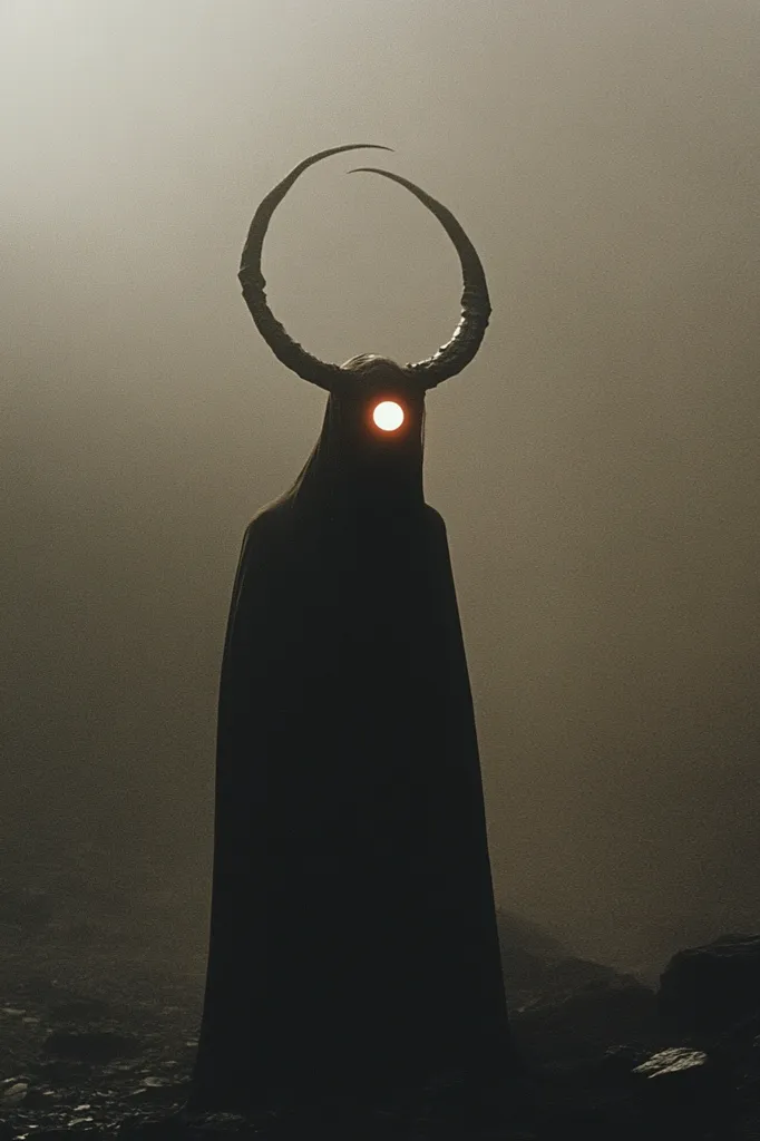 A shadowy figure with large, curved horns stands in a misty landscape. Their face is obscured by a dark cloak, but a single glowing eye shines from behind it. The atmosphere is eerie and mysterious, suggesting a supernatural presence. The figure's silhouette is stark against the hazy background, creating a sense of depth and isolation.