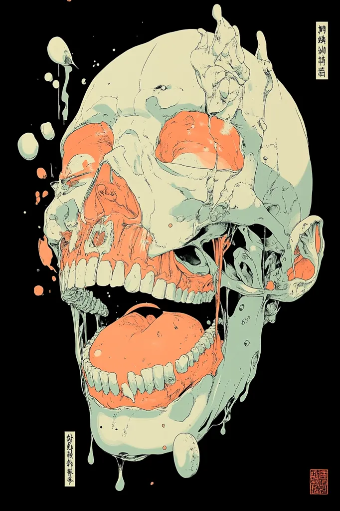 The image depicts a detailed drawing of a human skull in a stylized, almost cartoonish, manner. The skull is depicted with an open mouth, revealing its teeth and tongue. The skull is rendered in a light green and orange color palette, with a dripping, melting effect around the edges, suggesting a state of decay. The background is a solid black, which contrasts sharply with the vibrant colors of the skull.  The image is likely meant to evoke a sense of morbidity and the fragility of life.  The overall tone of the artwork is unsettling and slightly grotesque.