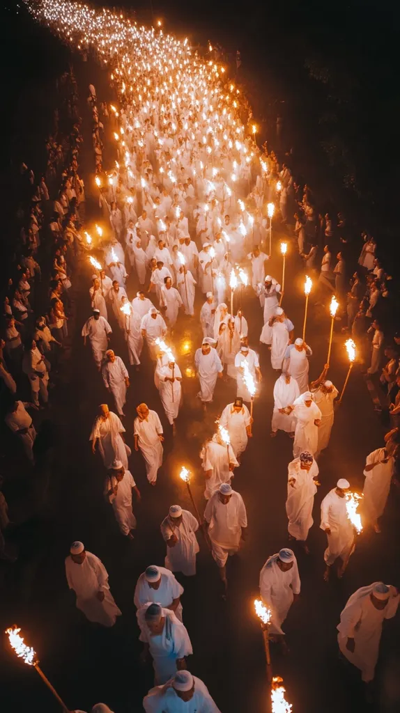 A large group of people, dressed in white robes, walk in a procession, holding torches that illuminate the night. The scene is viewed from above, showing the long line of people snaking through the dark, with the glow of the flames creating a dramatic effect. The image evokes a sense of mystery and ritual, highlighting the power and beauty of collective movement.