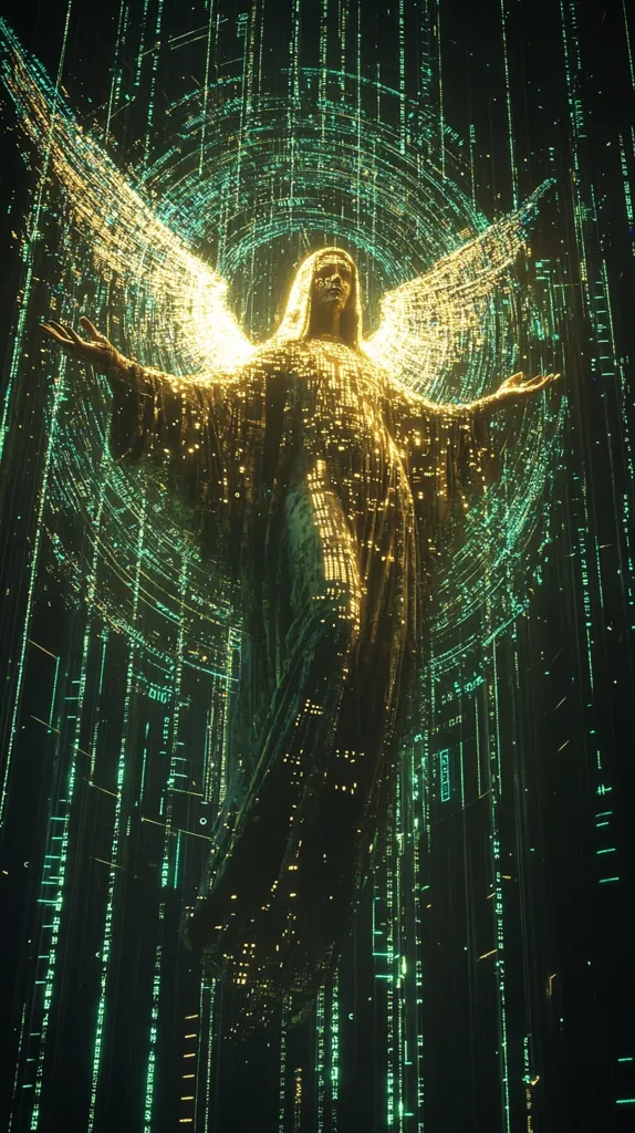 The image depicts a glowing, ethereal figure with outstretched arms, resembling an angel, against a backdrop of cascading digital code. The figure is composed of shimmering particles of light, radiating a golden hue, and is surrounded by a halo of shimmering green lines. The background is a swirling vortex of green code, suggestive of a digital realm or a virtual reality. The overall impression is one of transcendence, spirituality, and the intersection of the physical and digital worlds.