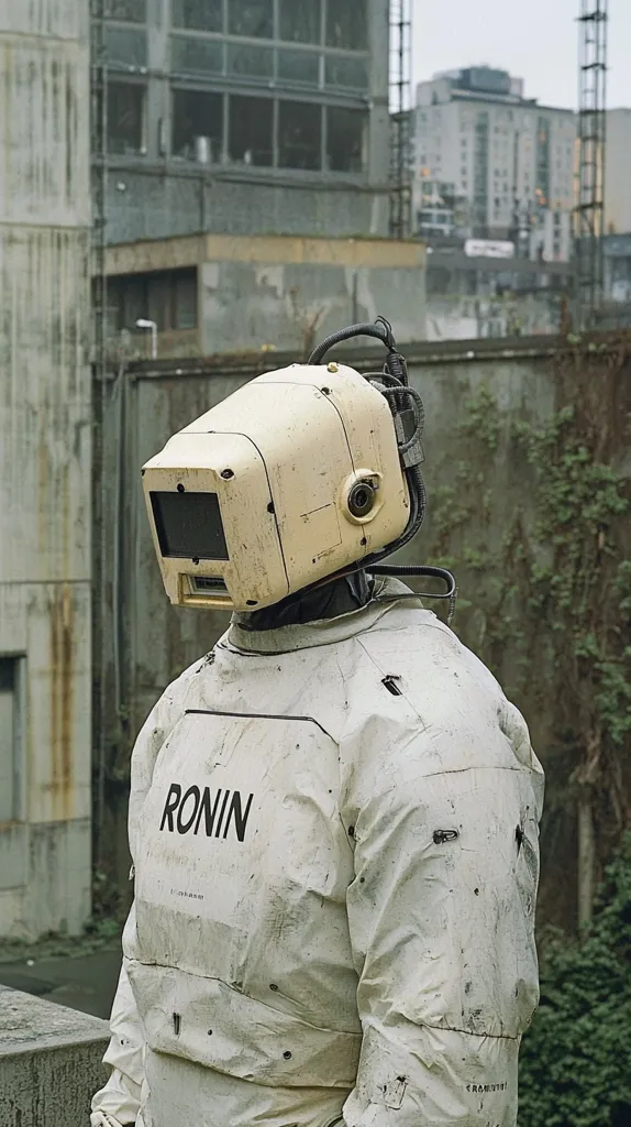 A futuristic robot wearing a white suit and a large helmet that says “RONIN” is standing in front of a concrete building. The robot has a worn and weathered appearance. The background is a city with tall buildings.