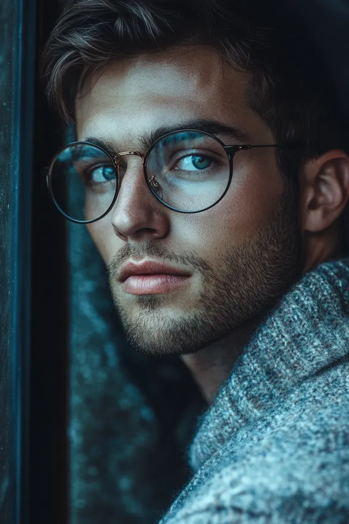 The image shows a young man with a beard and glasses, looking thoughtfully off-camera. He is wearing a grey sweater and is positioned against a blurred background. The lighting is soft, creating a moody and intimate atmosphere.  The man's gaze and thoughtful expression suggest a sense of contemplation or introspection.