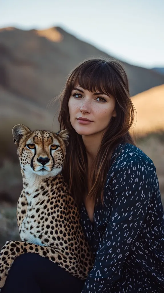 A woman with long brown hair and a  dark blue, animal-print blouse, sits with a cheetah draped across her lap. She gazes directly at the camera with a serious expression. The cheetah's spotted coat is a stark contrast against the woman's dark clothing.  The background is a blurred, out-of-focus landscape.