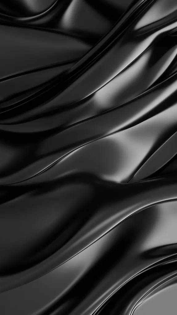 The image features a close-up of a smooth, black, fabric-like surface. The material is draped in soft, flowing curves, creating a sense of depth and dimension. The light reflects off the surface, highlighting the subtle contours and creating a sleek, elegant aesthetic. The dark and minimalist background further emphasizes the textural beauty of the fabric.