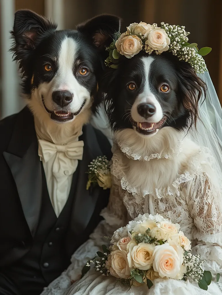 Two Border Collie dogs are dressed in wedding attire. The male dog is wearing a black suit with a white bow tie. The female dog is wearing a white lace dress with a flower crown and a veil. They are holding a bouquet of white roses and greenery. They both have happy expressions on their faces.  The dogs are looking directly at the camera.  It is an adorable and humorous image.