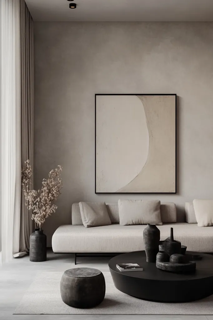 A modern living room with a minimalist aesthetic. A white couch sits against a wall, and a large abstract painting hangs above it. A round black coffee table in front of the couch is adorned with decorative ceramic sculptures. A black vase with dried flowers sits on the floor next to the couch. The room is painted in a neutral beige color.