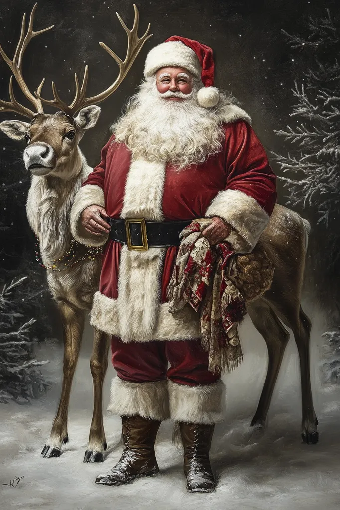 Santa Claus stands in a snowy forest, his traditional red suit and white beard illuminated by the soft glow of Christmas. He holds a bundle of fabric in one hand and his other hand rests on the back of a reindeer, its antlers reaching high above him. The scene is quiet and peaceful, suggesting a moment of respite before the busy night ahead.