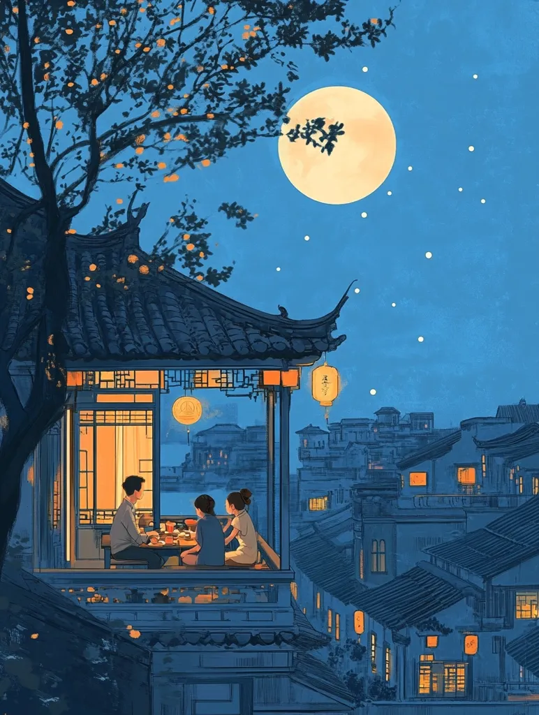 The image depicts a serene night scene in a traditional Chinese town. A large full moon hangs in the sky, casting a soft glow over the cityscape. Three figures sit at a table on the rooftop of a building, enjoying a meal together. The scene is peaceful and tranquil, capturing the essence of a relaxed evening in a charming town. The buildings are adorned with traditional lanterns, adding to the warmth and beauty of the setting. The dark blue hues of the sky and the soft lighting create a sense of intimacy and tranquility.