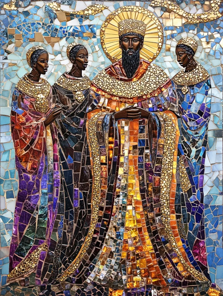 The image is a mosaic artwork depicting a religious figure, likely a saint, standing in the center with two other figures flanking him. The central figure is adorned with a golden crown and robe, his dark skin and beard a striking contrast to the vibrant colors of the mosaic. The artwork is composed of countless tiny pieces of glass and tile, creating a textured and intricate surface. The colors used are rich and varied, including shades of blue, gold, purple, and red. The overall effect is one of grandeur and solemnity, reflecting the importance of the subject matter.