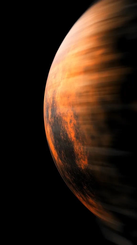 The image shows a close-up of Mars, the red planet, in space. The planet is mostly obscured by a dark, smoky-looking haze, with only a sliver of its surface visible. The red-orange color of Mars is prominent, while the dark haze obscures much of the planet's features. The image highlights the mysterious and unknown nature of Mars, with the haze suggesting the presence of an atmosphere and hinting at a potential for life on the planet.