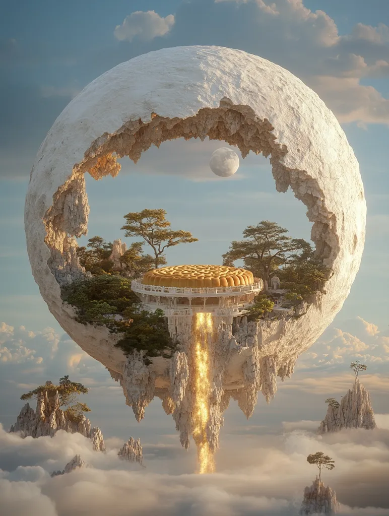 A surreal landscape featuring a giant, white, cracked sphere floating above clouds. The sphere has a large opening revealing a golden moon in the distance. A golden, circular structure, possibly a building, sits on a small island on top of the sphere. Golden waterfalls cascade from the structure towards the clouds below. Small islands and trees dot the cloudy landscape. The scene is dreamlike and otherworldly, with a sense of both wonder and mystery.