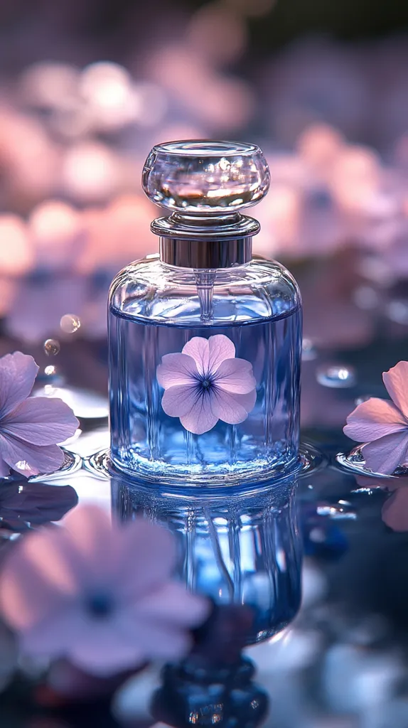 A glass bottle of perfume with a silver lid sits on a table, surrounded by delicate purple flowers. The bottle is filled with a clear blue liquid, and a single flower floats inside. The reflection of the bottle and flowers can be seen in the surface of the table. The image creates a sense of calm and serenity.