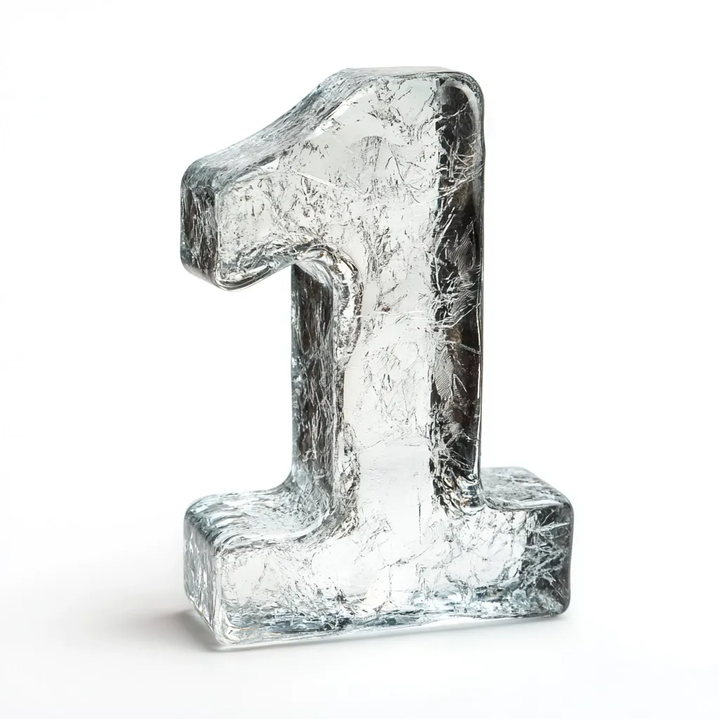 The image shows the number one, formed from clear ice, on a white background. The ice has a slightly cloudy and textured appearance, with subtle cracks throughout. The number is thick and rounded, with a slightly curved base. It is a visually appealing representation of the number one, with a cool and icy aesthetic.