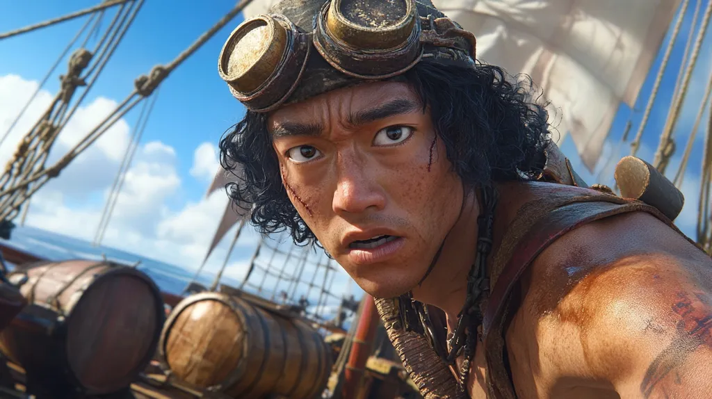 A young man with dark curly hair and goggles looks directly at the viewer with a startled expression. He is wearing a worn leather strap across his chest. His face is covered in dirt and he has several scars across his cheek. Behind him, the ocean and a wooden ship with barrels can be seen.  The image is likely from a movie or video game.
