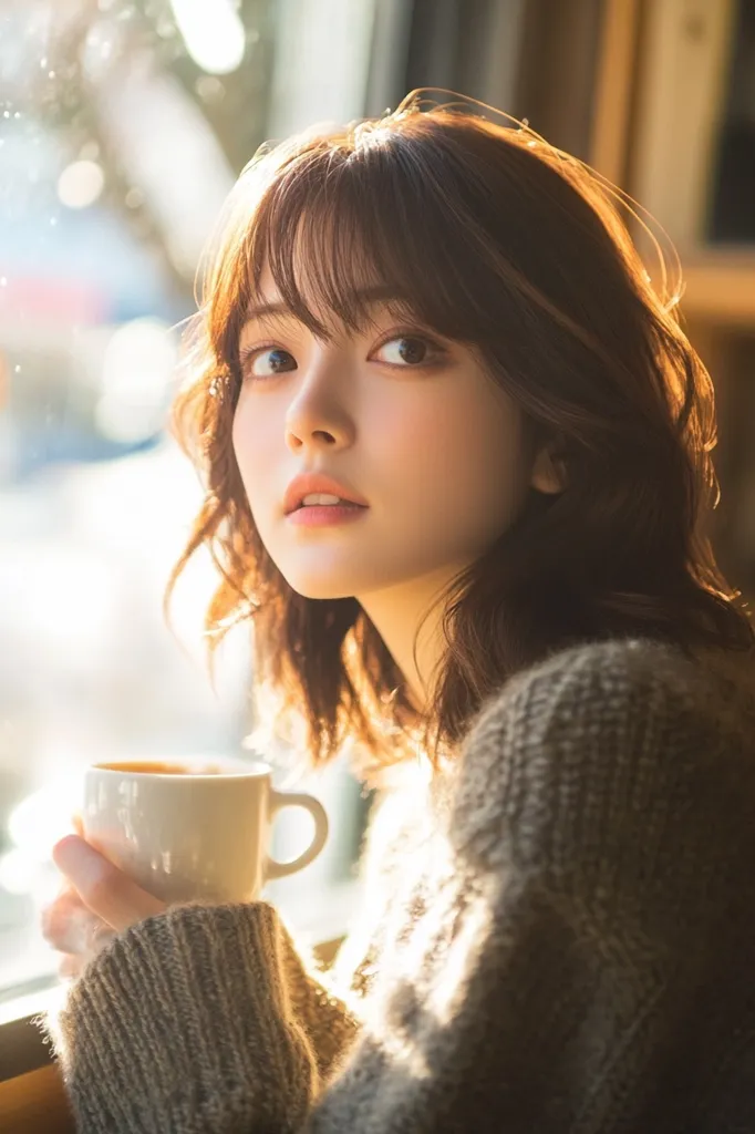 A young woman with long brown hair and a white sweater holds a cup of coffee in her right hand. She looks off to the side with a soft, thoughtful expression. The warm light from the window creates a soft glow around her. The image evokes a sense of tranquility and peace.