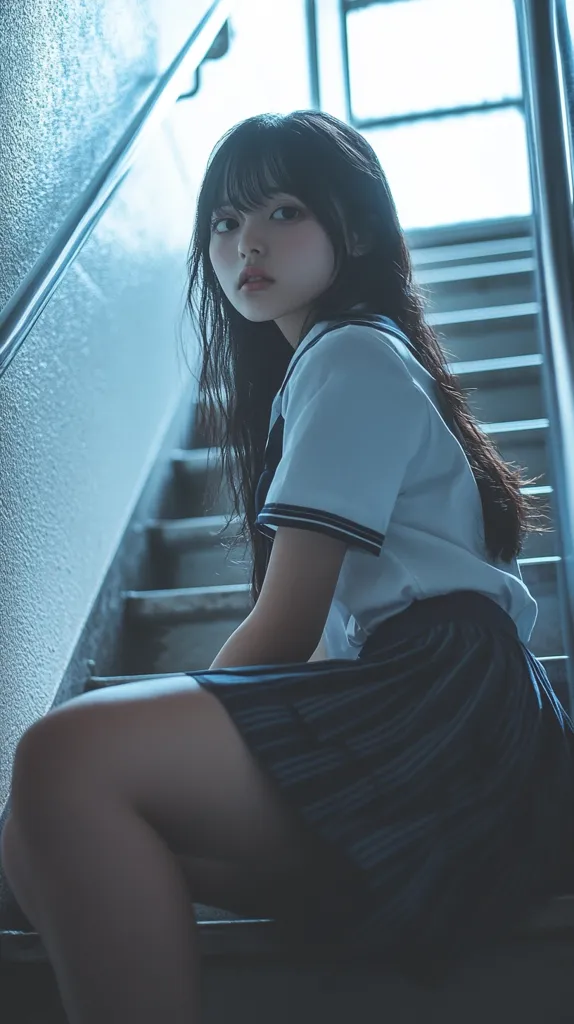 A young woman with long black hair sits on a staircase, her back to the camera. She is wearing a white sailor-style shirt with black trim and a black pleated skirt. She looks down and to the side, her expression serious. The image is shot in a low-light setting, creating a moody and atmospheric feel. The composition of the image is simple, with the woman as the central focus. The lighting is soft and the colours are muted, adding to the sense of mystery.  The image evokes feelings of loneliness and introspection.