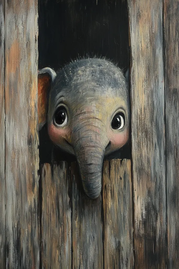 A close-up painting of a baby elephant peering through a crack in a wooden fence. The elephant has large, round eyes and a long trunk. The wooden fence is weathered and has a rustic appearance. The background is dark, creating a sense of mystery and intrigue. The painting is a whimsical and charming depiction of a young elephant's curiosity.