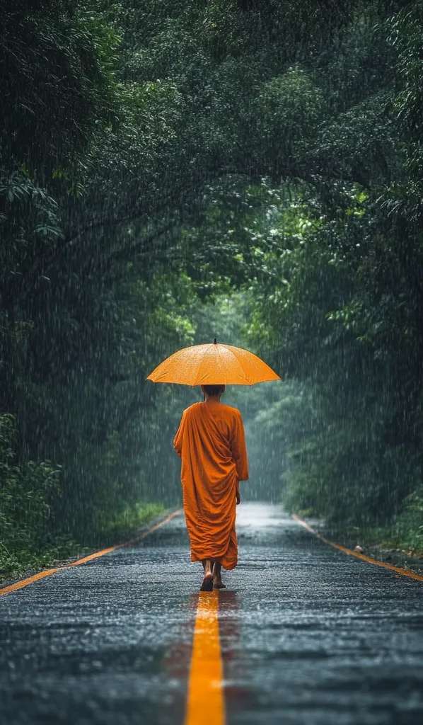 A lone Buddhist monk walks down a wet road in the middle of a dense, green forest. He is wearing a traditional orange robe and holding an orange umbrella. The rain is falling heavily and the air is filled with a sense of peace and tranquility. The road is lined with lush green trees and the scene is bathed in a soft, warm light.