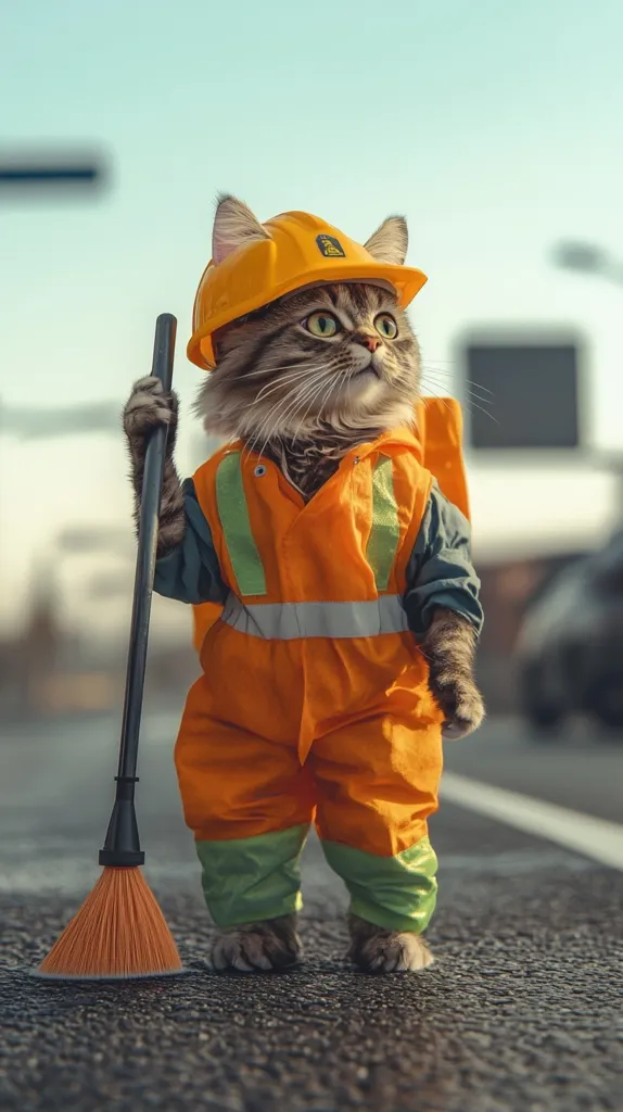 A cat dressed in an orange construction worker jumpsuit and a yellow hardhat stands on a paved street, holding a black-handled broom with orange bristles. The cat is looking up to the right with a curious expression. The background is blurry and features a street sign and a car. The image is humorous and playful.