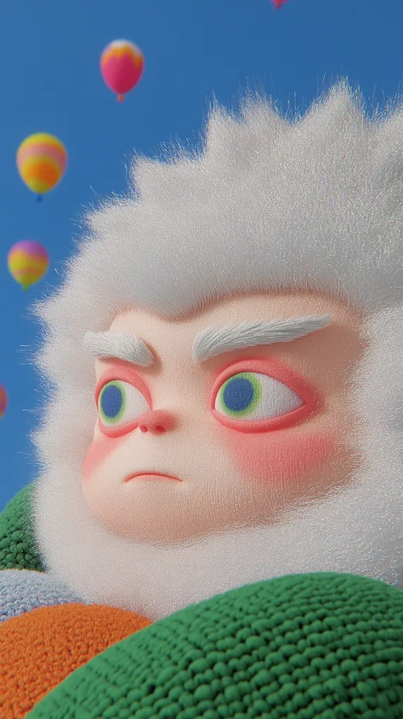 The image shows a fluffy white creature with large blue eyes and a serious expression. It has a white beard and is wrapped in a green, orange, and blue blanket. The creature is looking up at a blue sky with several colorful hot air balloons floating in the distance.