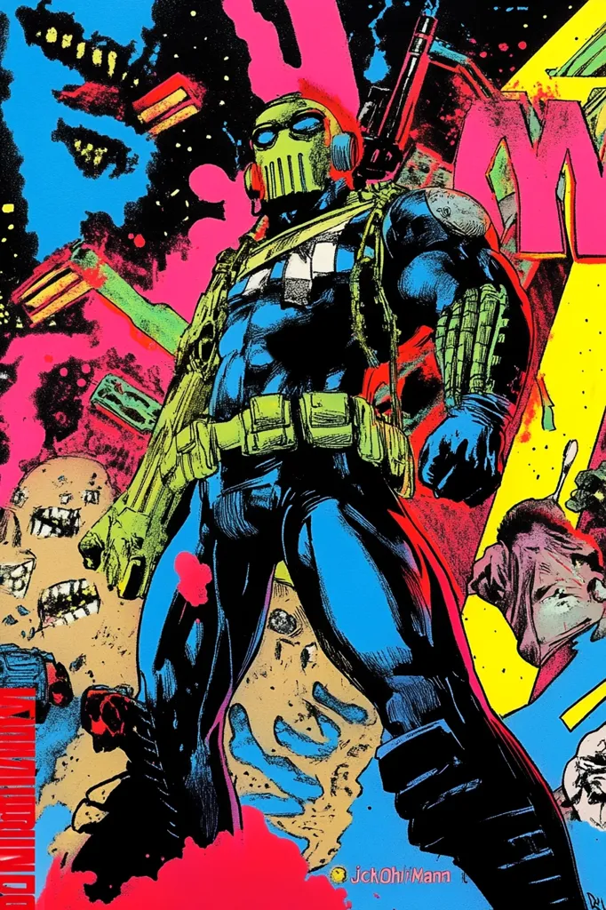 The image is a comic book style illustration of a superhero in a dark blue and green suit. He is standing in a brightly colored background with a giant gun in his hand. The background has various shapes and colors, including pink, green, yellow, and blue. There are also some grotesque figures in the background, giving the scene a dystopian feel. The overall style is gritty and dark.