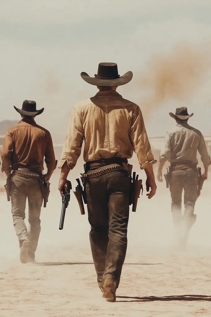 Three cowboys in dusty, brown outfits are walking across a barren desert landscape. The cowboy in the foreground has a gun drawn and is looking ahead, while the two cowboys behind him are obscured by the dusty air. The cowboys are wearing hats and boots and have a weathered look, as if they are seasoned by their life on the frontier. The image evokes the harshness and loneliness of the American West.