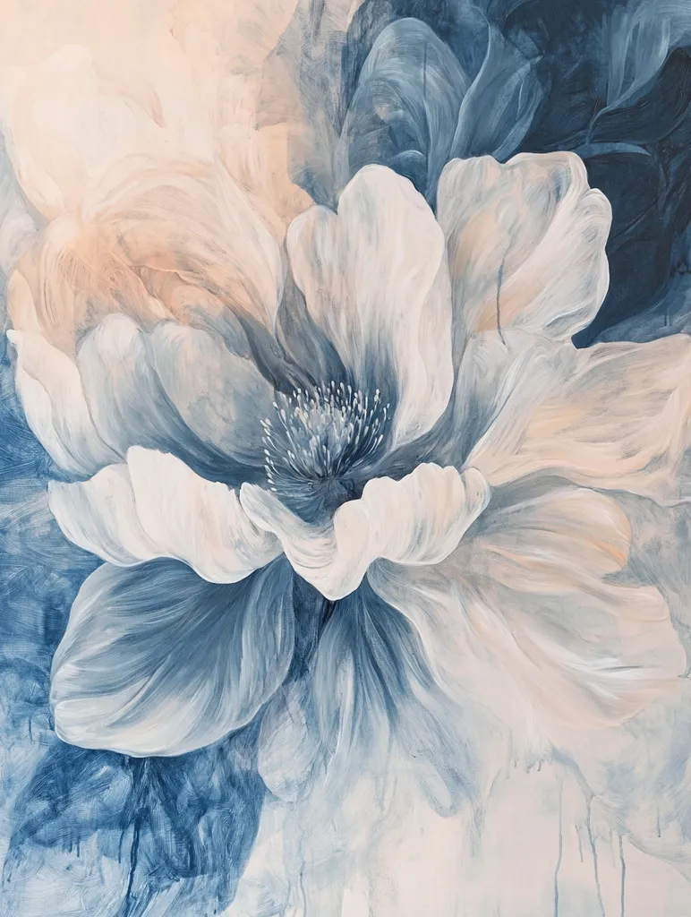 A close-up painting of a large white flower with soft blue and peach hues. The petals are delicate and textured, with a hint of blue in the center of the bloom. The background is a soft, faded blue, creating a serene and dreamy atmosphere. The painting evokes a sense of calm and tranquility, capturing the beauty of nature in a simple yet captivating way.