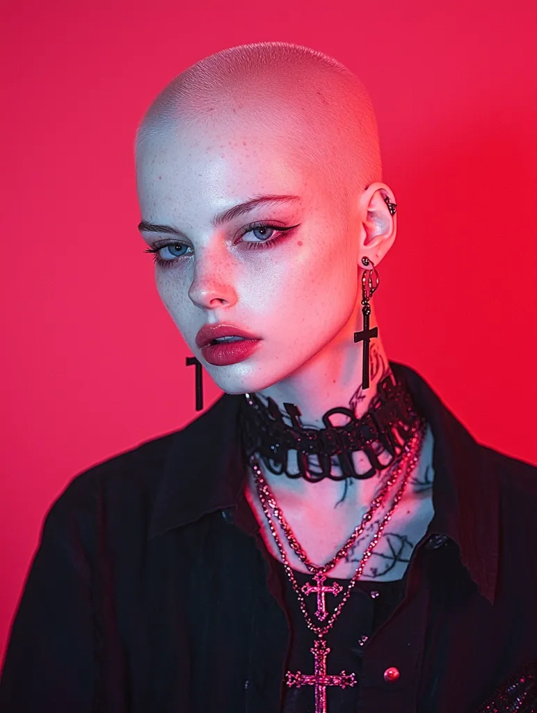 A young woman with a shaved head poses in a black shirt against a red background. She wears a black choker and a silver chain with a cross pendant. She also wears a black cross earring. Her makeup is dark and dramatic, with black eyeliner and bold red lips. The lighting is dramatic and creates a moody atmosphere.