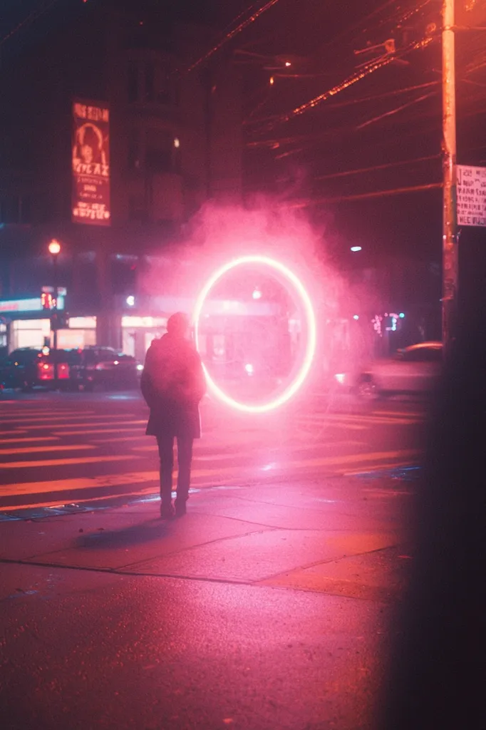 A lone figure walks down a street bathed in a pink glow. A large, glowing circle hangs in the air behind them, adding a surreal element to the scene. The street is lined with buildings and street lights, hinting at an urban setting. The image is reminiscent of a dreamscape, with its vibrant colors and hazy atmosphere. The silhouette of the person adds a sense of mystery and intrigue, leaving the viewer to ponder their story.