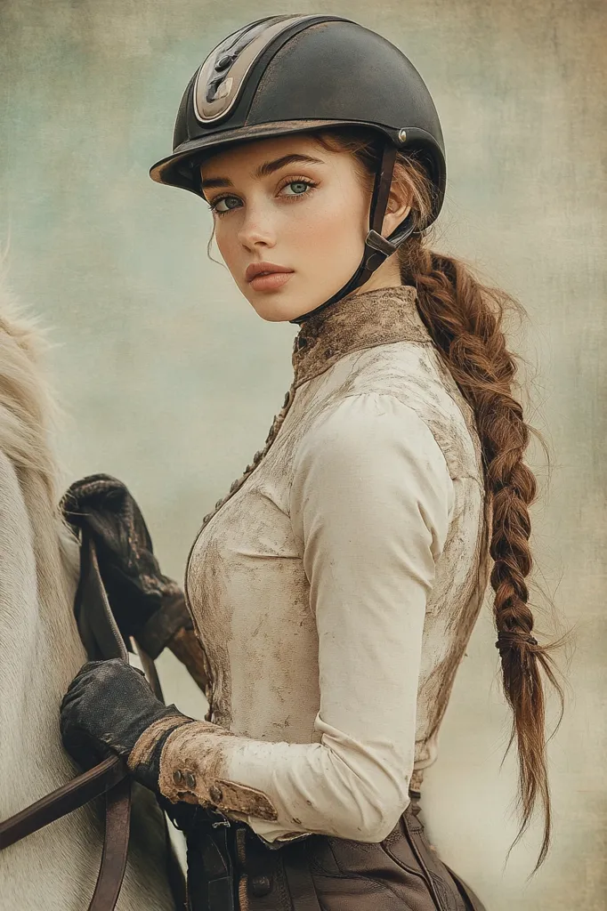 A young woman with long brown hair braided down her back is wearing a white long-sleeved shirt, brown pants, and a black riding helmet. She is holding the reins of a white horse. The image is taken outdoors and has a rustic feel. Her shirt is stained with dirt and the lighting is soft and muted.