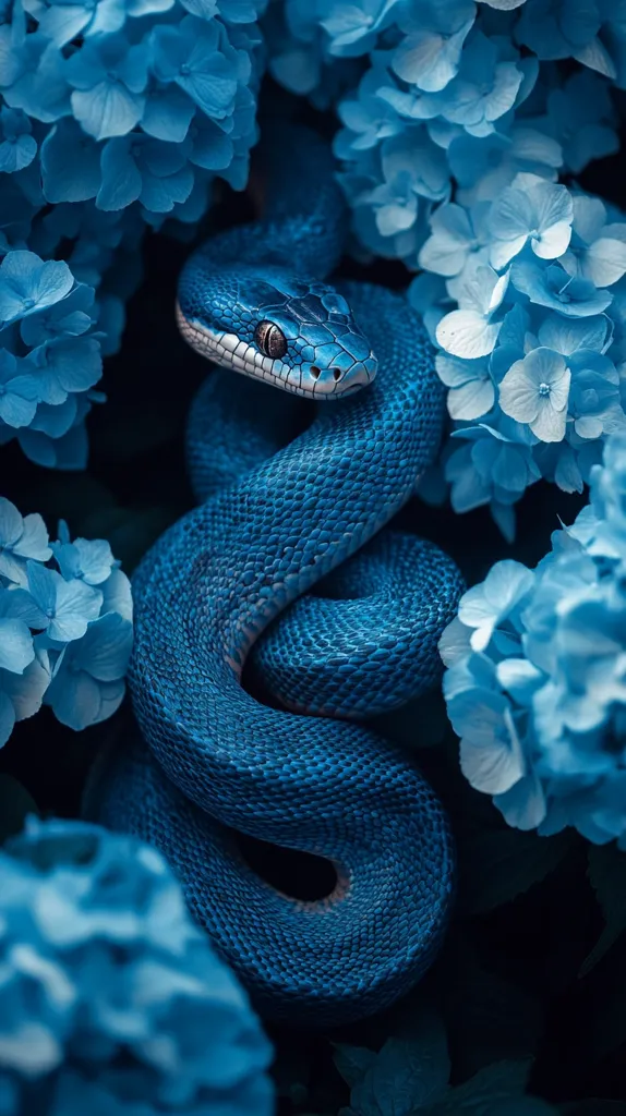 A vibrant blue snake, with intricate scales, is curled up amongst a bed of delicate blue flowers. The snake's head is raised, revealing its piercing eyes and patterned skin. The flowers and snake create a striking contrast of texture, blending seamlessly against a dark background, creating an image of captivating beauty.