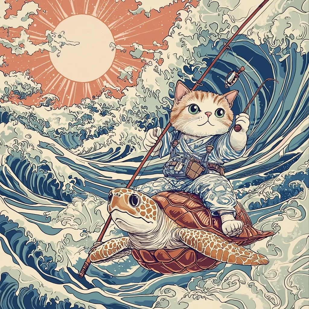 A cat in a traditional Japanese outfit sits atop a sea turtle, fishing with a long pole as they ride a wave. The scene is set against a sunrise with a large orange sun and a few clouds. The waves are large and foamy, and the water is a deep blue. The image is drawn in a stylized, Japanese-inspired art style. The cat is smiling with a playful expression.  The turtle is shown with a determined look on its face.