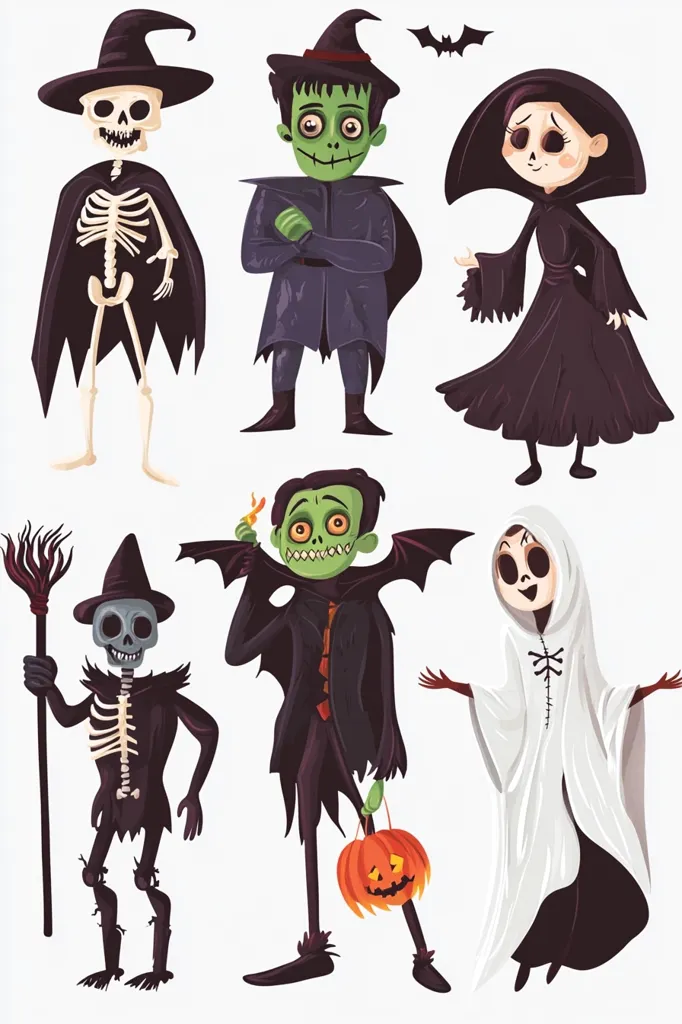 The image shows six Halloween characters. They are a skeleton with a black cape, a witch with a purple dress, a ghost, a ghoul with bat wings and a jack-o-lantern, a green monster in a black cloak and a witch with a black gown. They are all smiling and seem to be ready for Halloween.