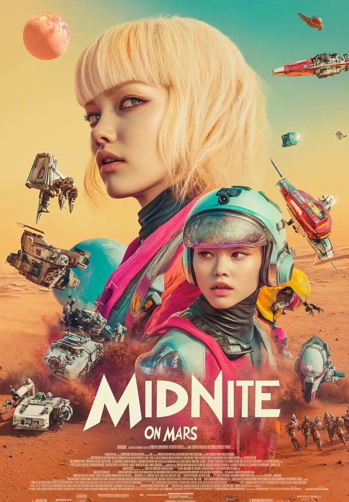A poster for the film "Midnite On Mars" features two young women in futuristic attire. The women are posed in front of a red Martian landscape, with various spacecraft and vehicles scattered around them. The poster is stylized with vibrant colors and a retro-futuristic aesthetic. The title "Midnite On Mars" is prominently displayed in bold, stylized letters. The overall design creates a sense of adventure and intrigue, hinting at a thrilling sci-fi story.