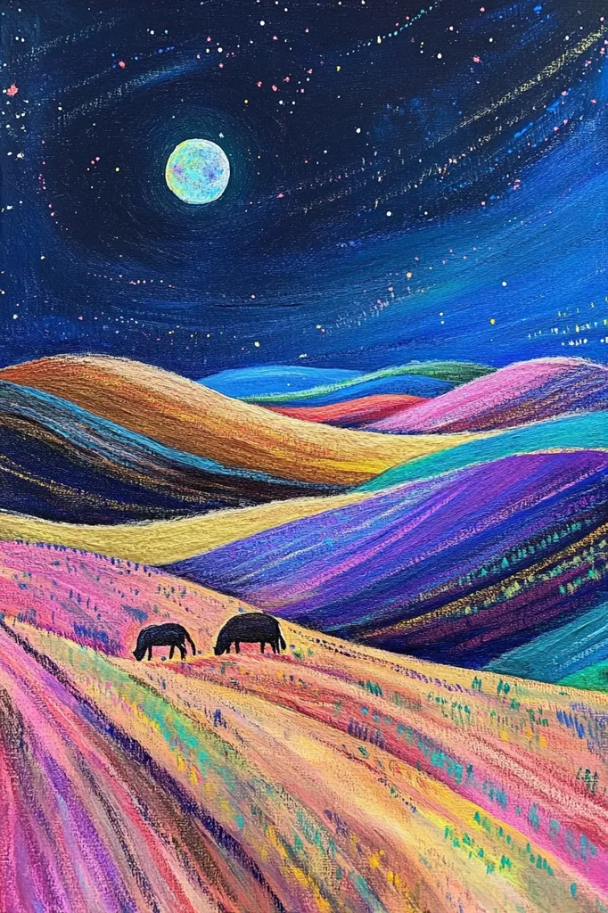 The painting depicts a vibrant, surreal landscape under a starry night sky. A full moon glows brightly in the center of the canvas, casting a soft light on the undulating hills below. The hills are painted in a spectrum of colors, from deep purples and blues to warm yellows and oranges. Two black silhouettes of animals graze on a hill in the foreground, adding a sense of serenity and solitude to the scene. The overall effect is dreamlike and whimsical, inviting the viewer to explore the beauty of the unknown.
