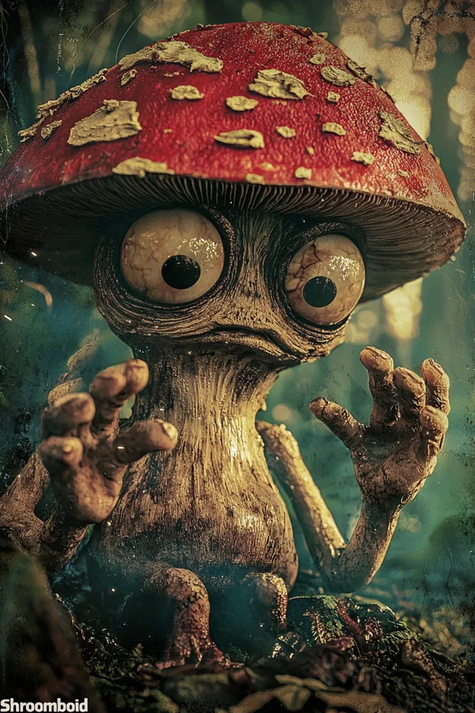 A grotesque, humanoid mushroom creature with large, round eyes sits in a dark, mossy forest. Its skin is textured like bark and its hands are spindly and claw-like. The mushroom cap above its head is bright red with white spots and appears to be cracked and aged. The image has a vintage, slightly unsettling aesthetic.