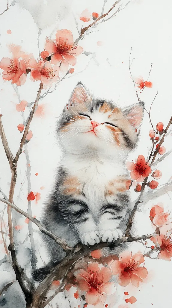 A watercolor painting depicts a small, gray and white tabby cat sitting on a branch of a delicate pink flowering tree. The cat has its eyes closed and its head tilted back, appearing to be napping. The background is a soft, light wash of watercolor, creating a serene and peaceful atmosphere. The overall impression is one of gentleness and tranquility.