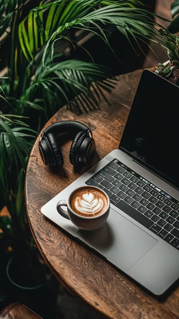 A laptop computer sits on a wooden table, partially obscured by a green potted plant. A cup of coffee with latte art sits on the laptop's keyboard, and black headphones lie beside it. The scene is simple, inviting, and speaks to quiet moments of work or relaxation.  The soft lighting and natural elements create a cozy atmosphere.