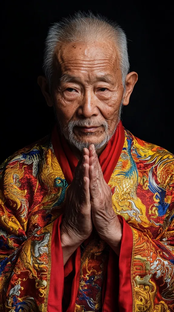 An elderly man with a white beard, wearing a colorful, ornate robe, sits with his hands clasped in prayer. His expression is calm and contemplative, his eyes closed in meditation. The intricate details of his robe and the soft lighting create a sense of reverence and spirituality. The background is dark, allowing the subject to stand out.