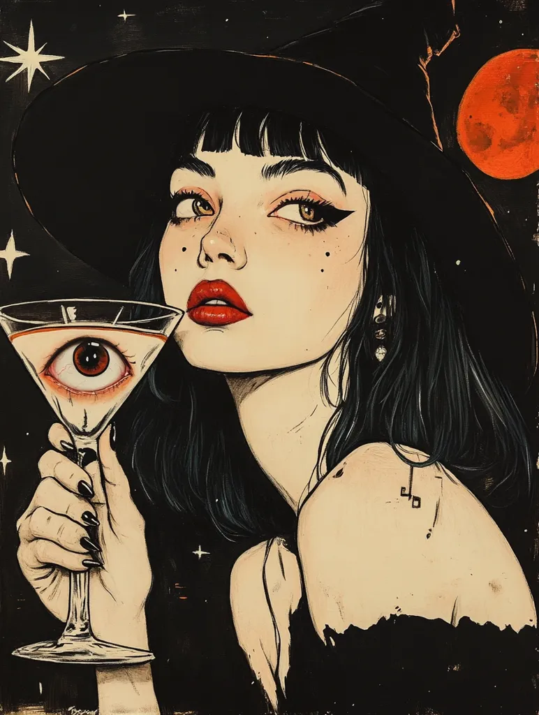The image depicts a woman with dark hair, wearing a witch's hat and a black dress, holding a martini glass with an eyeball inside. She gazes into the distance with an enigmatic expression. Behind her, a red moon hangs in the night sky, surrounded by stars. The overall mood is mysterious and alluring.