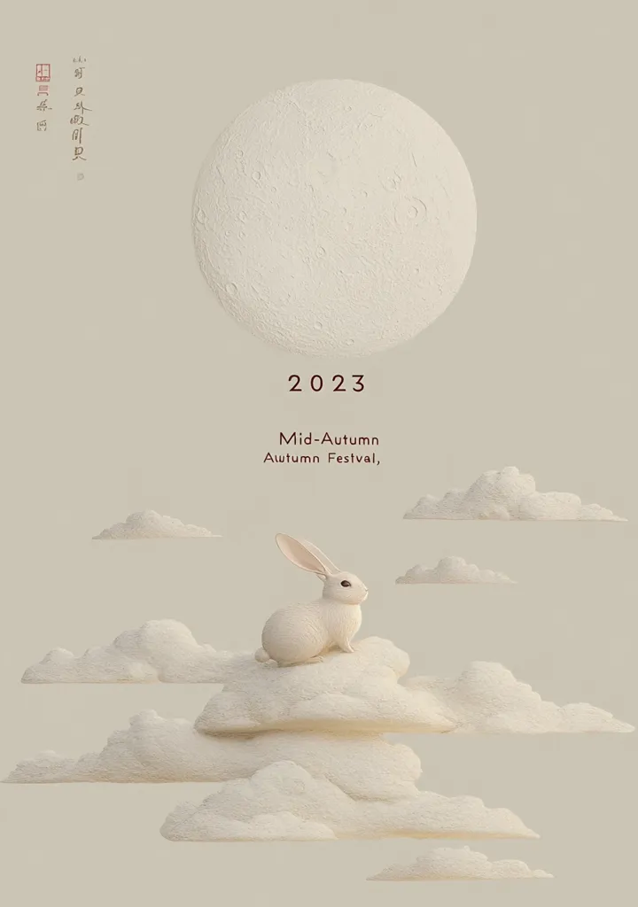 The image is a minimalist design celebrating the 2023 Mid-Autumn Festival. A white rabbit sits on a cloud, looking up at a large, stylized moon.  The background is a soft, pale grey, creating a serene and peaceful atmosphere.  Chinese characters, seemingly referring to the festival, are visible in the top left corner.  The overall aesthetic is simple and elegant, capturing the essence of the celebration.