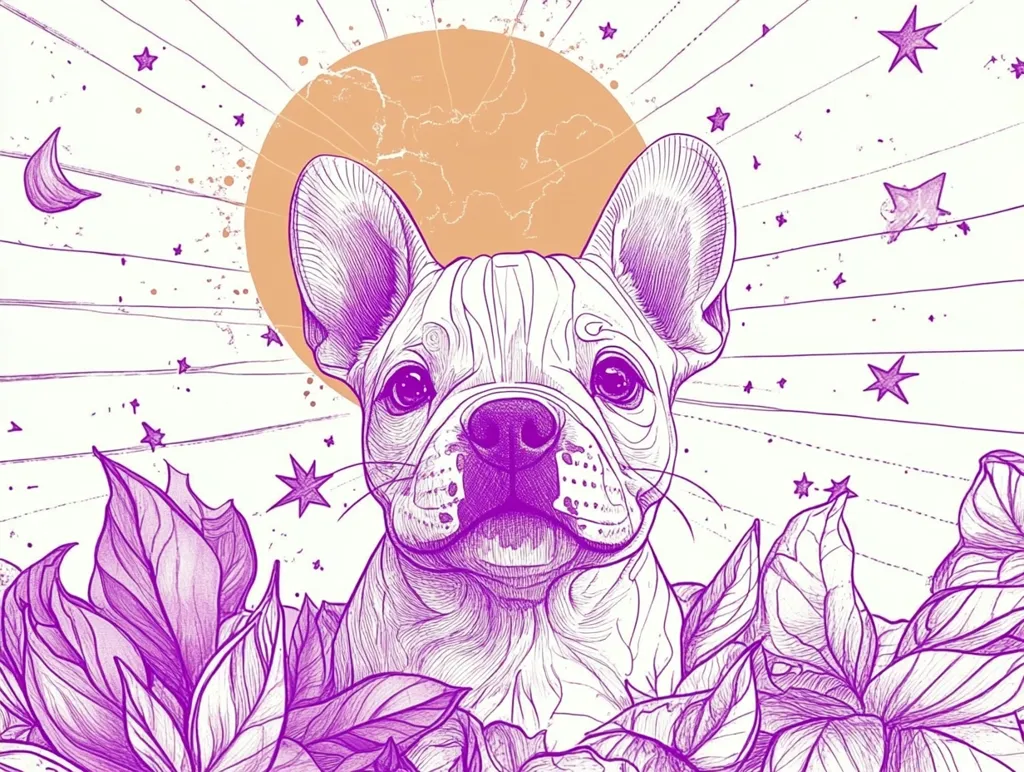 The image depicts a French bulldog, outlined in purple, with a whimsical, almost celestial background. It features a large, round sun-like shape with radiating lines and stars scattered around. The dog's head is framed by large, stylized floral elements. The overall tone is whimsical and playful, with a focus on the dog's sweet expression and the detailed, artistic style.  The image is likely meant to be aesthetically pleasing and evoke a sense of joy and wonder.