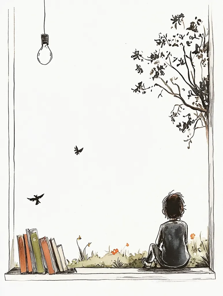 A hand-drawn illustration depicts a young person sitting on a windowsill, surrounded by a small garden. The person is gazing out at a simple scene of a tree with birds flying in the sky, and a lightbulb hanging from the ceiling. The image conveys a sense of tranquility and contemplation.