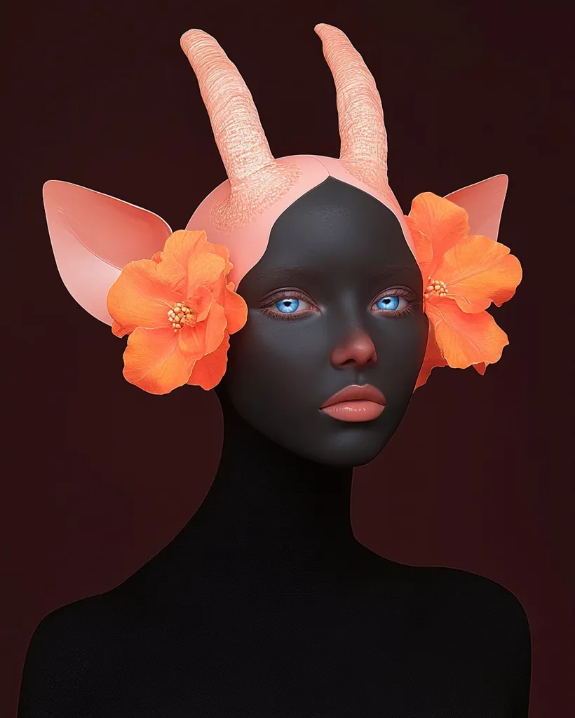 A person with dark skin is wearing a pink hat with two orange flowers on each side, the hat has two long horns that point upwards, the person has blue eyes and light pink lipstick, and the background is dark red.  The image is a portrait of a person wearing a creative headpiece.