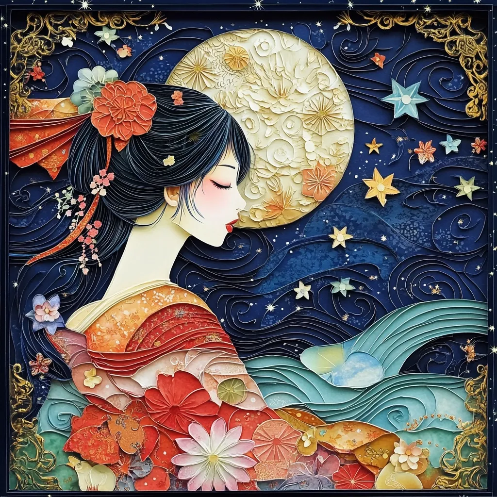 The image depicts a woman with long black hair adorned with red flowers, standing before a large, full moon. Her eyes are closed, and she appears to be lost in thought. The background is a dark blue sky filled with swirling clouds, stars, and delicate paper flowers. The scene is crafted from paper quilling, creating a three-dimensional, textured effect. The overall impression is serene and dreamlike, with a focus on the beauty of nature and the ethereal qualities of the night.