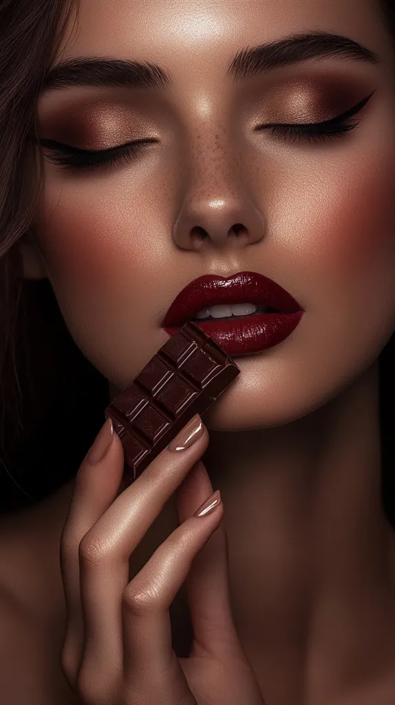 A close-up portrait of a woman with flawless skin and dark, dramatic makeup.  Her eyes are closed and her lips are painted a bold, dark red. She holds a piece of dark chocolate in her hand, with the corners of her mouth turned up in a subtle smile, suggesting she is about to enjoy a sweet treat.  The image has a soft, luxurious feel.